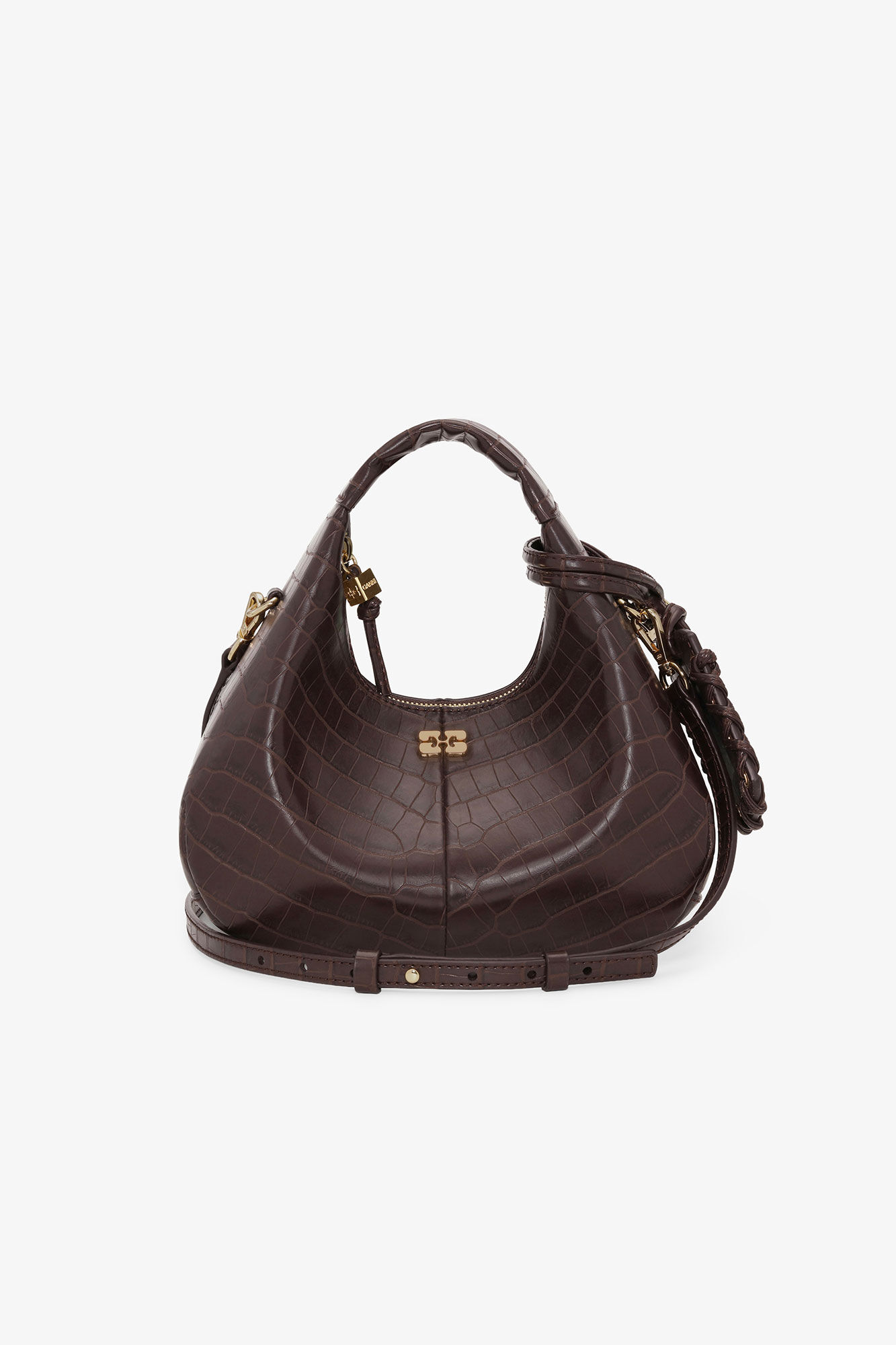 Brown Croco Mini Hobo Bag, Lyocell, in colour Chocolate Fondant - 7 - GANNI