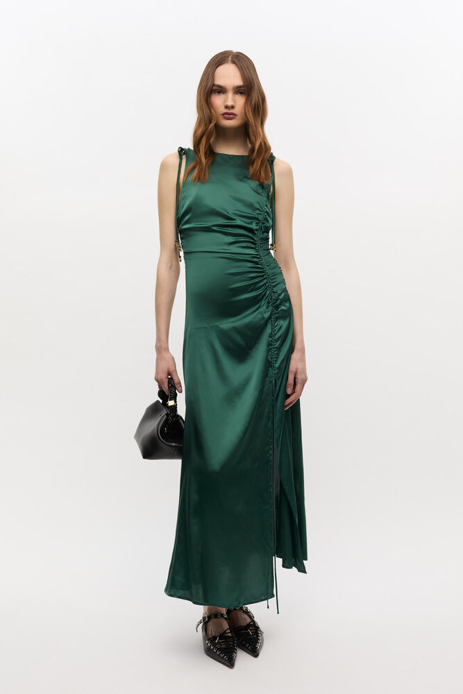 Green Satin Gathered Dress, Pineneedle