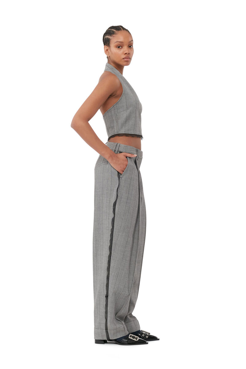 Grey Herringbone Suiting Pleated Trousers, Elastane, in colour Frost Gray - 2 - GANNI