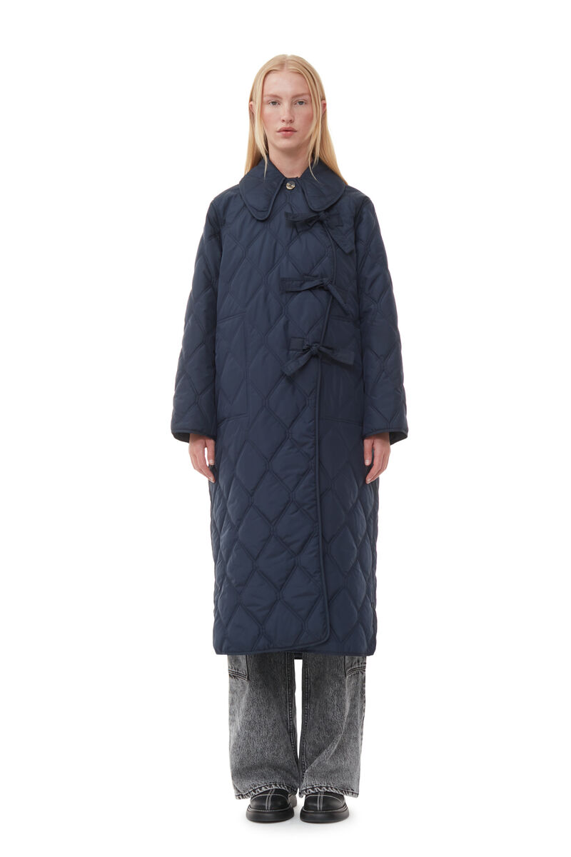 Blue Ripstop Quilt Asymmetric Coat, Recycled Polyester, in colour Sky Captain - 1 - GANNI