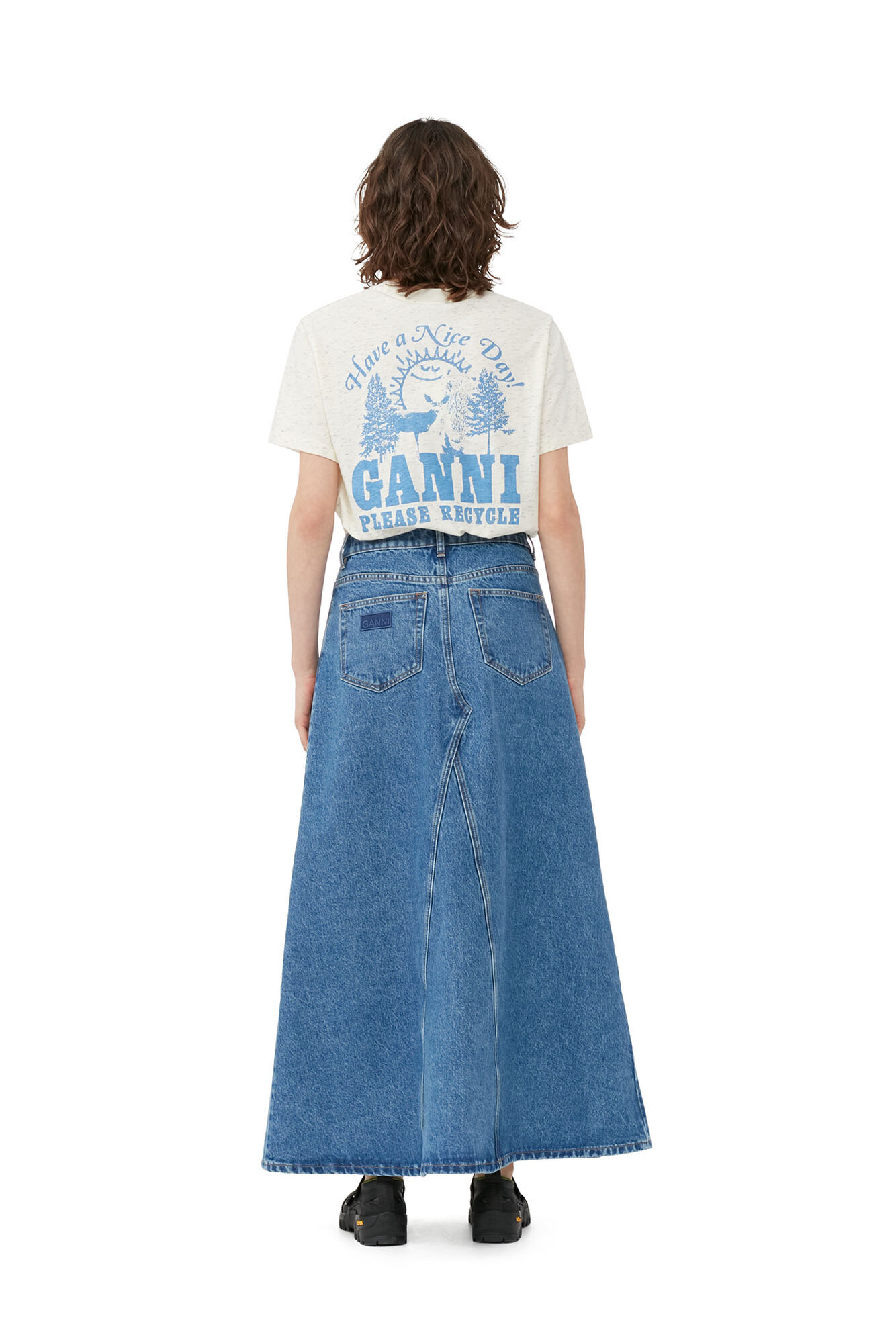 Maxikjol i överfärgad denim med cutlinedetalj, Cotton, in colour Mid Blue Stone - 3 - GANNI