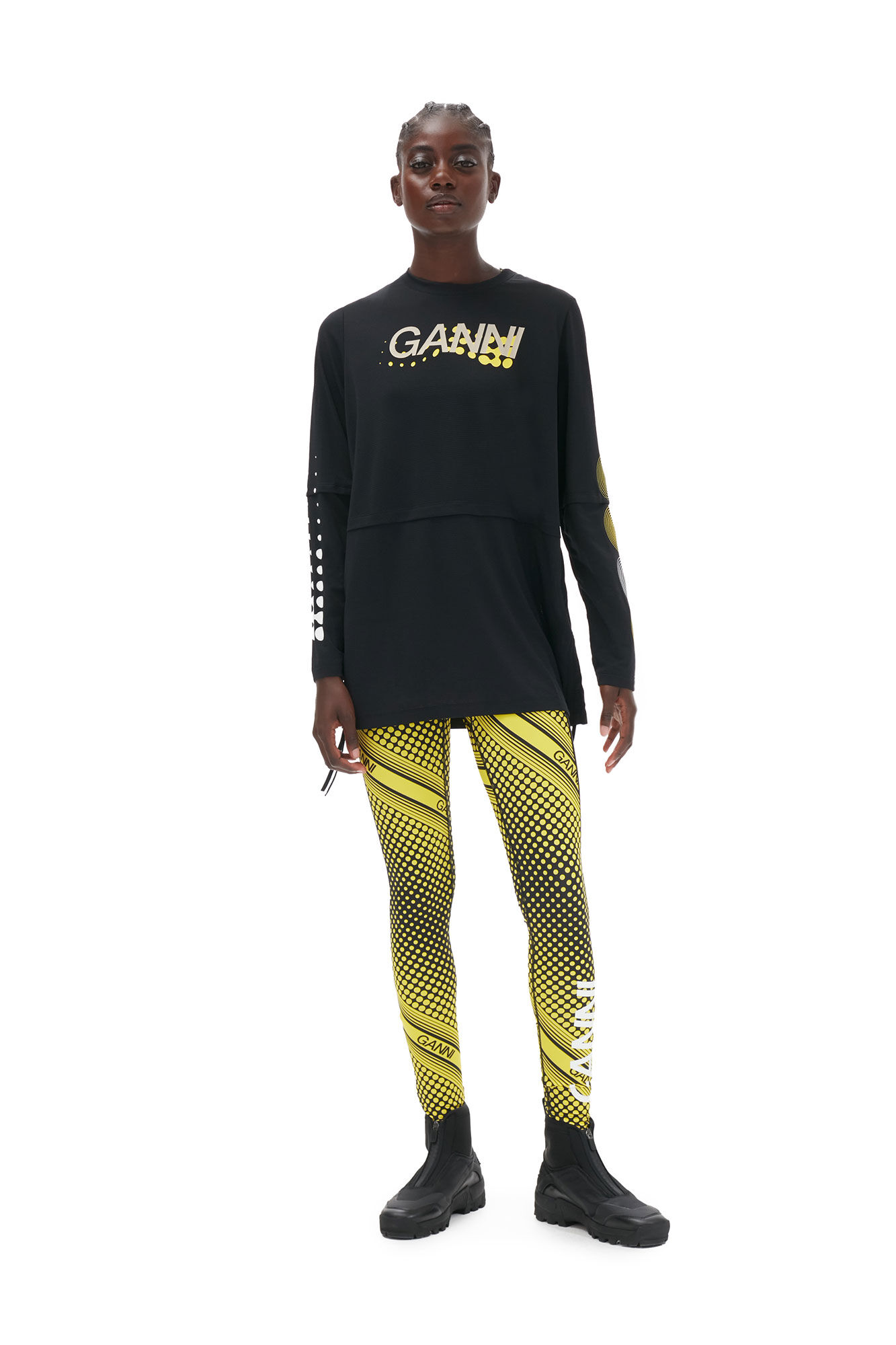 Active Mesh Layered Long Sleeve T-shirt, Elastane, in colour Black - 1 - GANNI