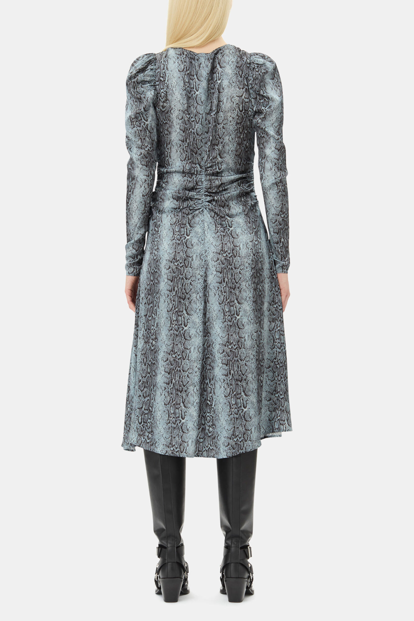 Blue Snake Print Ruched Midi Dress, Viscose, in colour Celestial Blue - 4 - GANNI