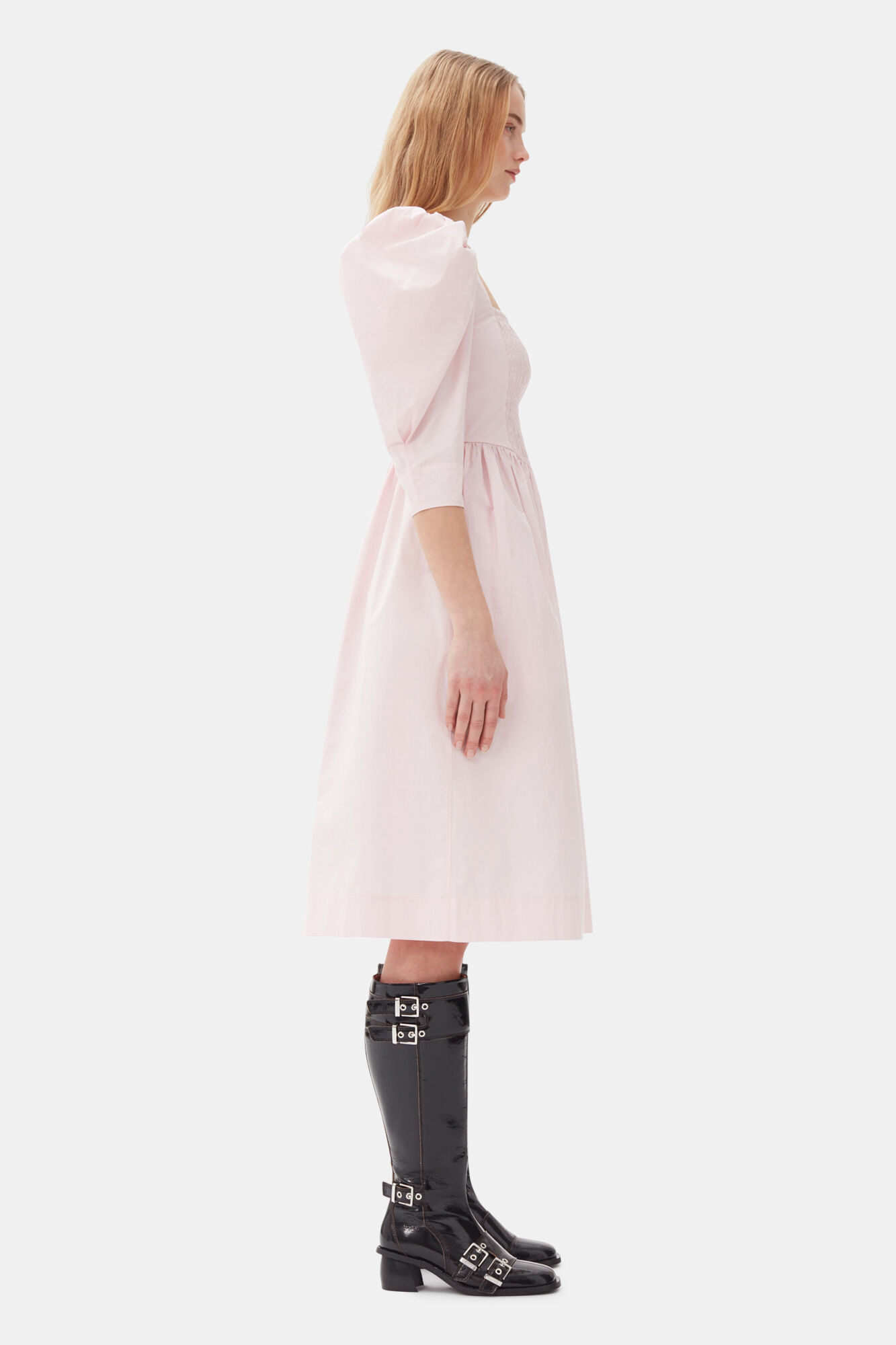 Pink Cotton Poplin Open Neck Smock Dress, Cotton, in colour Chalk Pink - 3 - GANNI