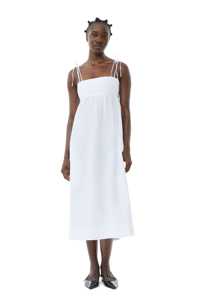 White Cotton Poplin String Midi-kjole, Cotton, in colour Bright White - 1 - GANNI