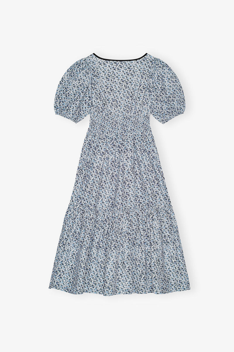 Blue Floral Printed Cotton Long Smock Dress, Organic Cotton, in colour Glacier Lake - 2 - GANNI