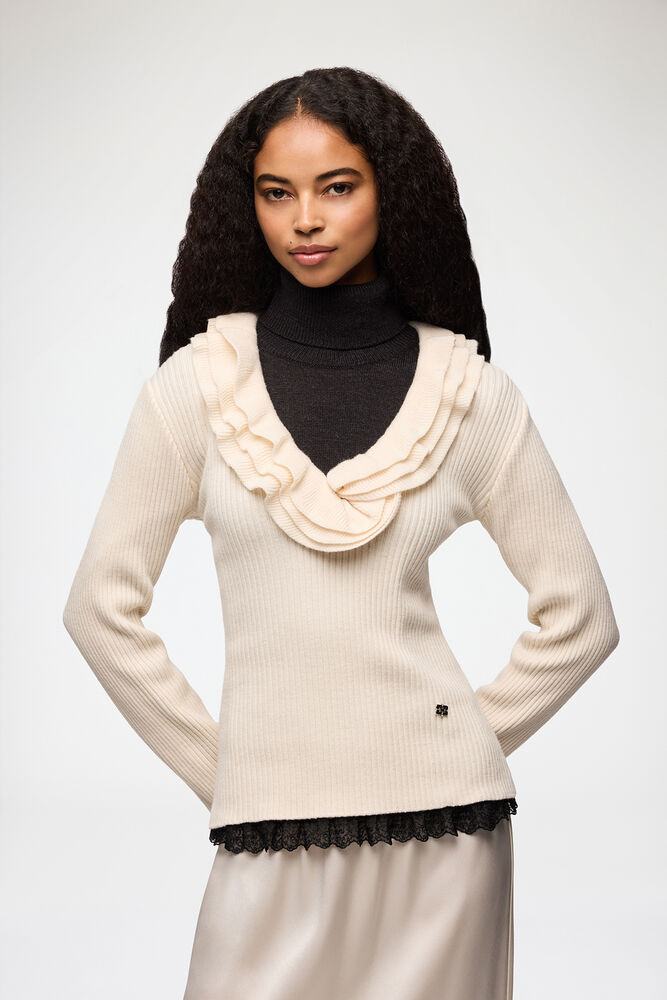 Top in Ribbed Merino, Egret