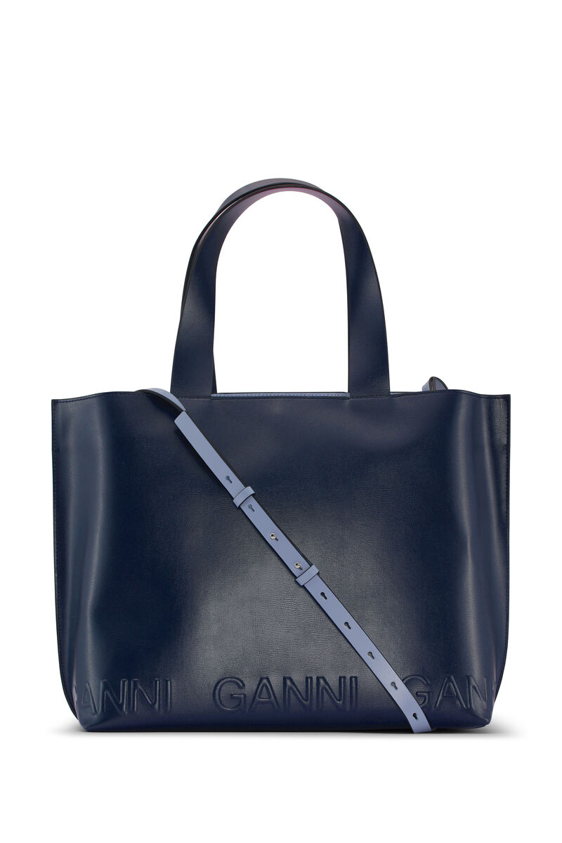 East West Tote Logo Bag, Leather, in colour Sky Captain - 1 - GANNI
