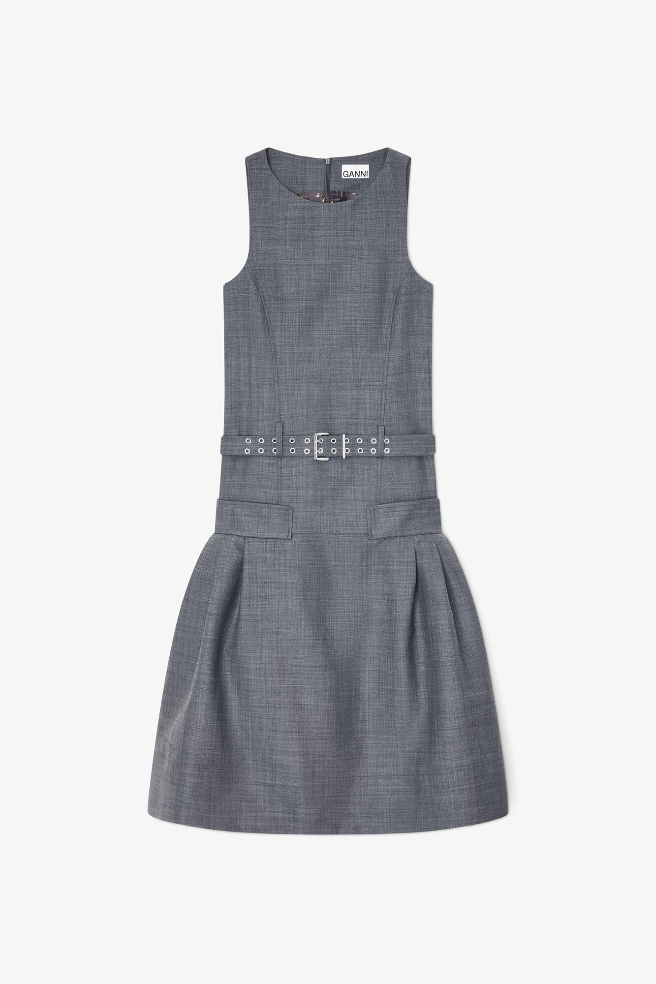 Dress in Grey Wool Melange, Wool, in colour Phantom - 1 - GANNI
