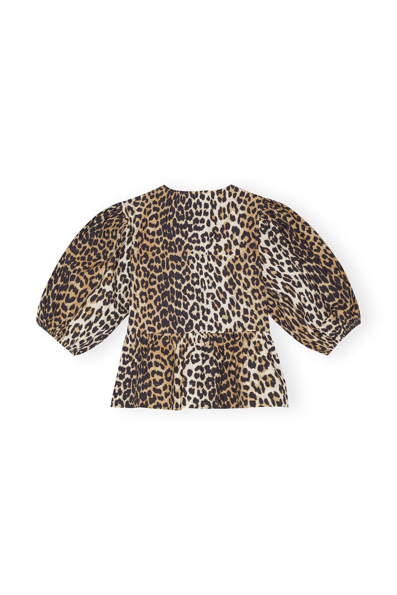 Leopard Cotton Poplin Peplum Tie Blouse, Cotton, in colour Leopard - 2 - GANNI