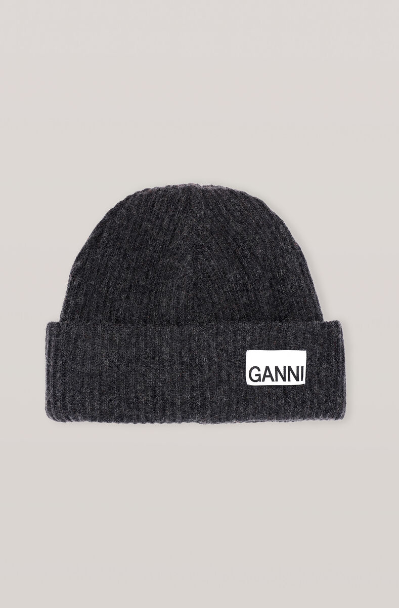 Recycled Wool Knit Hat, Recycled Wool, in colour Phantom - 1 - GANNI