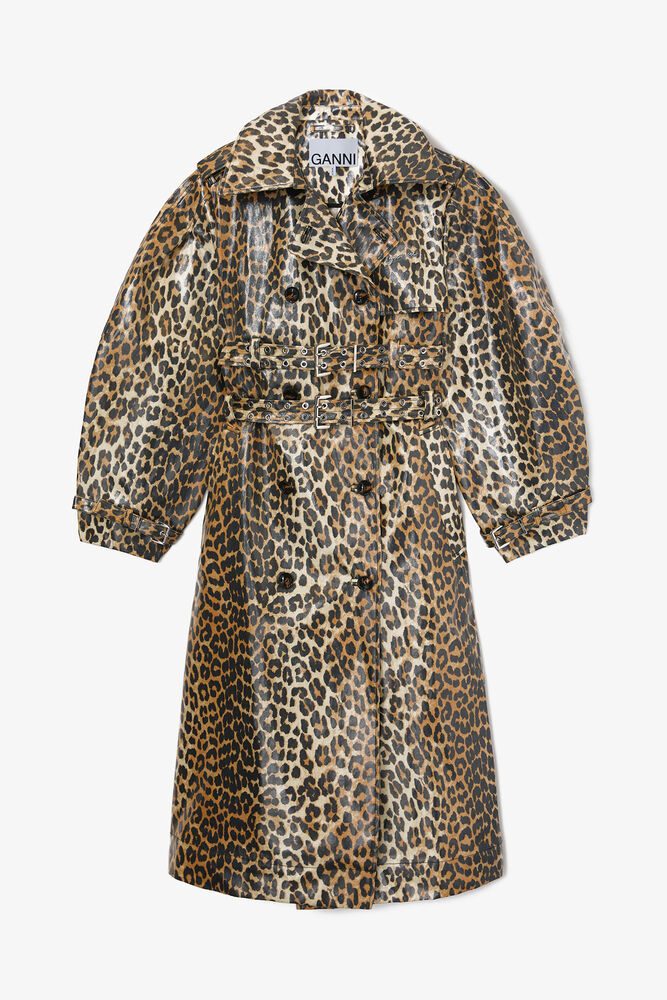 Leopard Laminated Cotton Trench Coat, Almond Milk