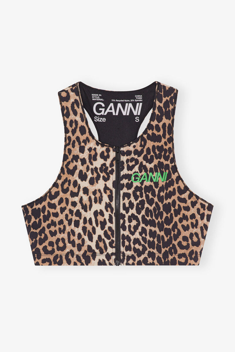 Active Racerback Zipper topp, Recycled Nylon, in colour Leopard - 3 - GANNI