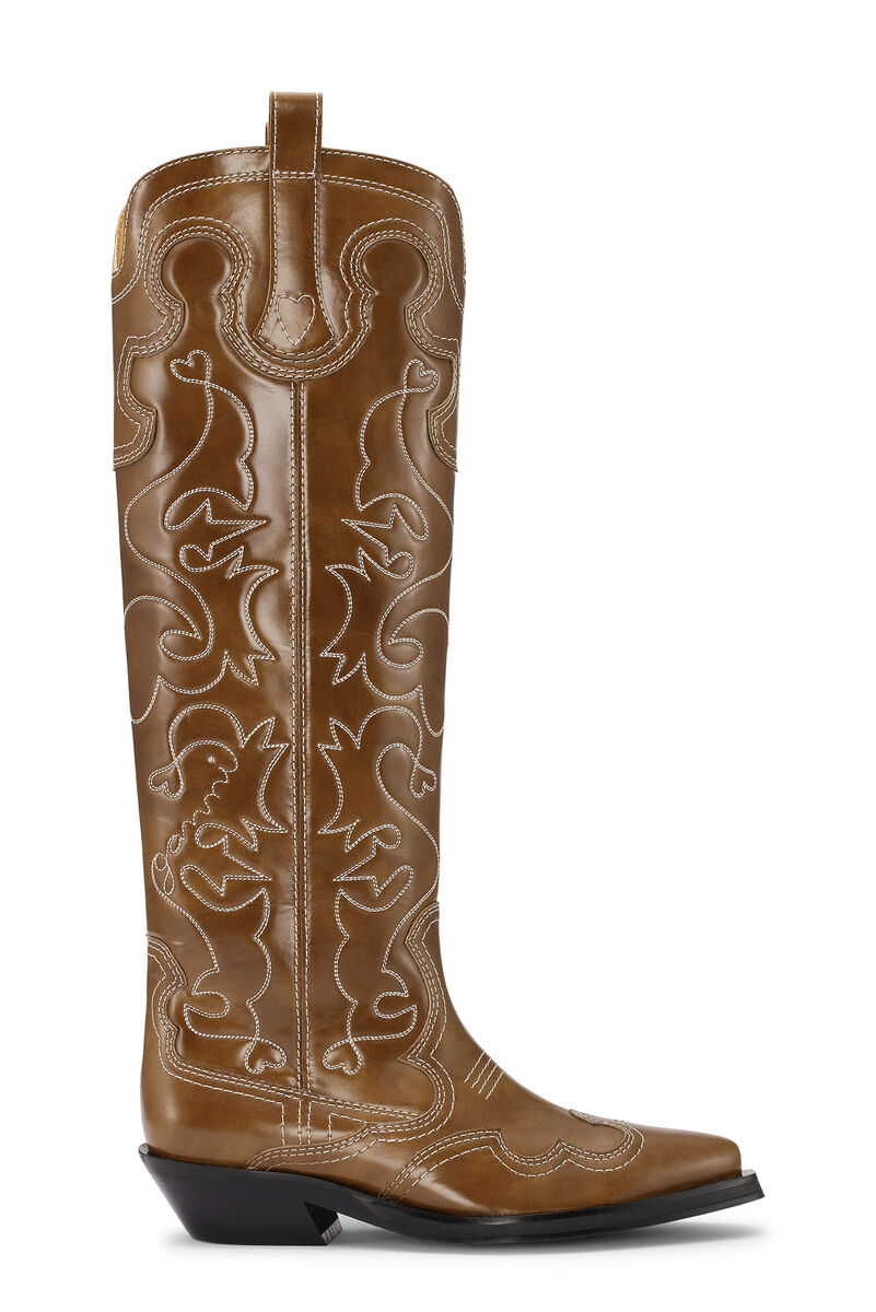 Knee-High Embroidered Western Støvler, Calf Leather, in colour Tiger's Eye - 1 - GANNI