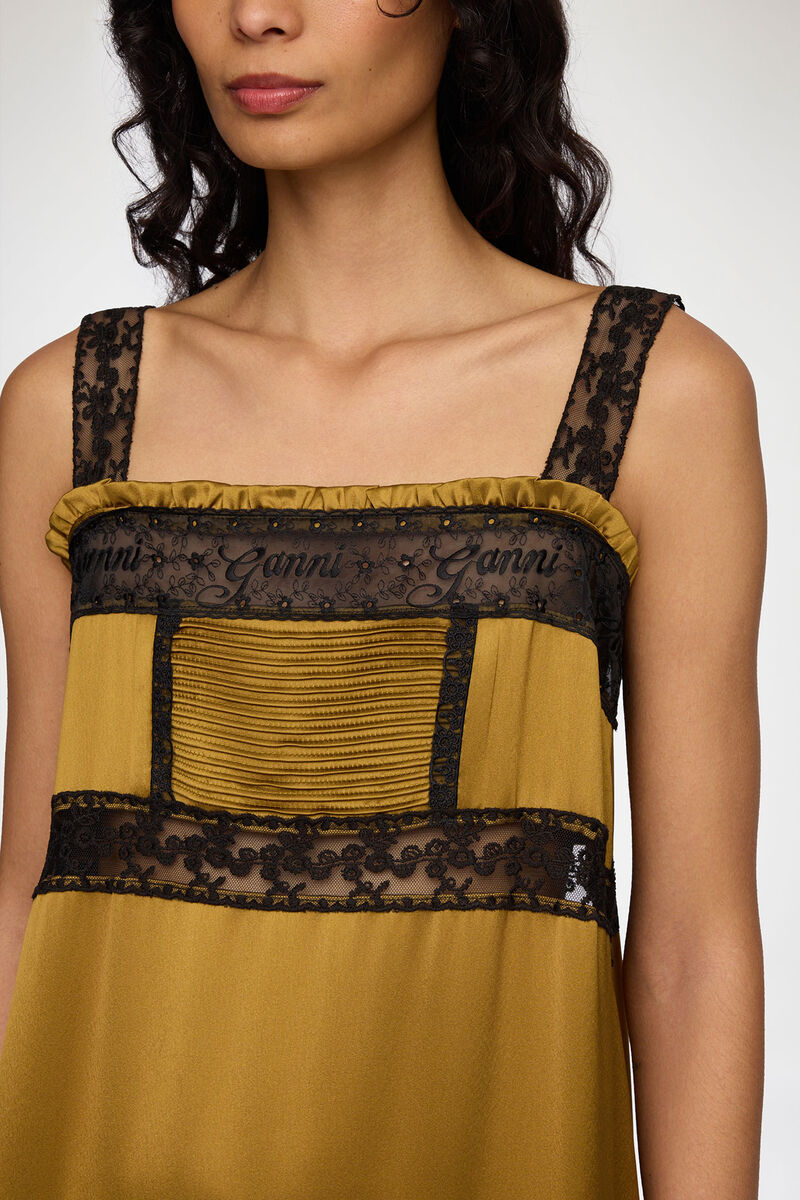 Dress in Green Silk Satin, Acetate, in colour Ecru Olive - 3 - GANNI