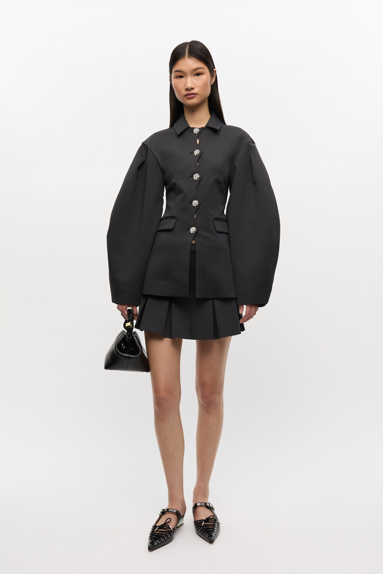 Black Pleated Mini Skirt, Elastane, in colour Phantom - 1 - GANNI