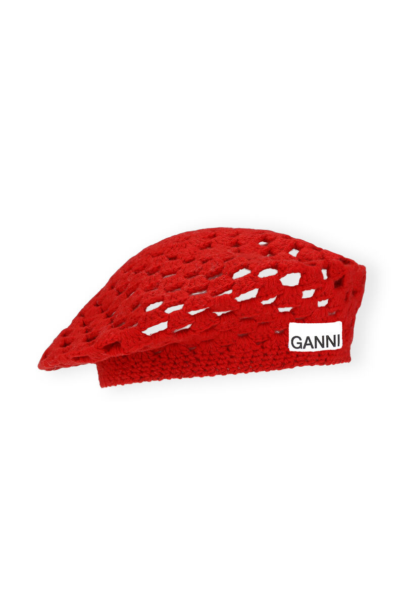 Crochet Uld Beret , Polyamide, in colour Fiery Red - 1 - GANNI