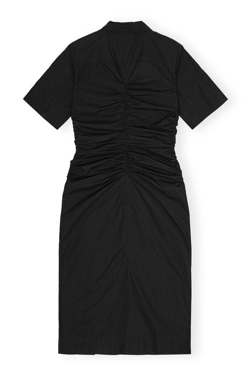 Black Cotton Poplin Gathered Midi-kjole, Cotton, in colour Black - 2 - GANNI
