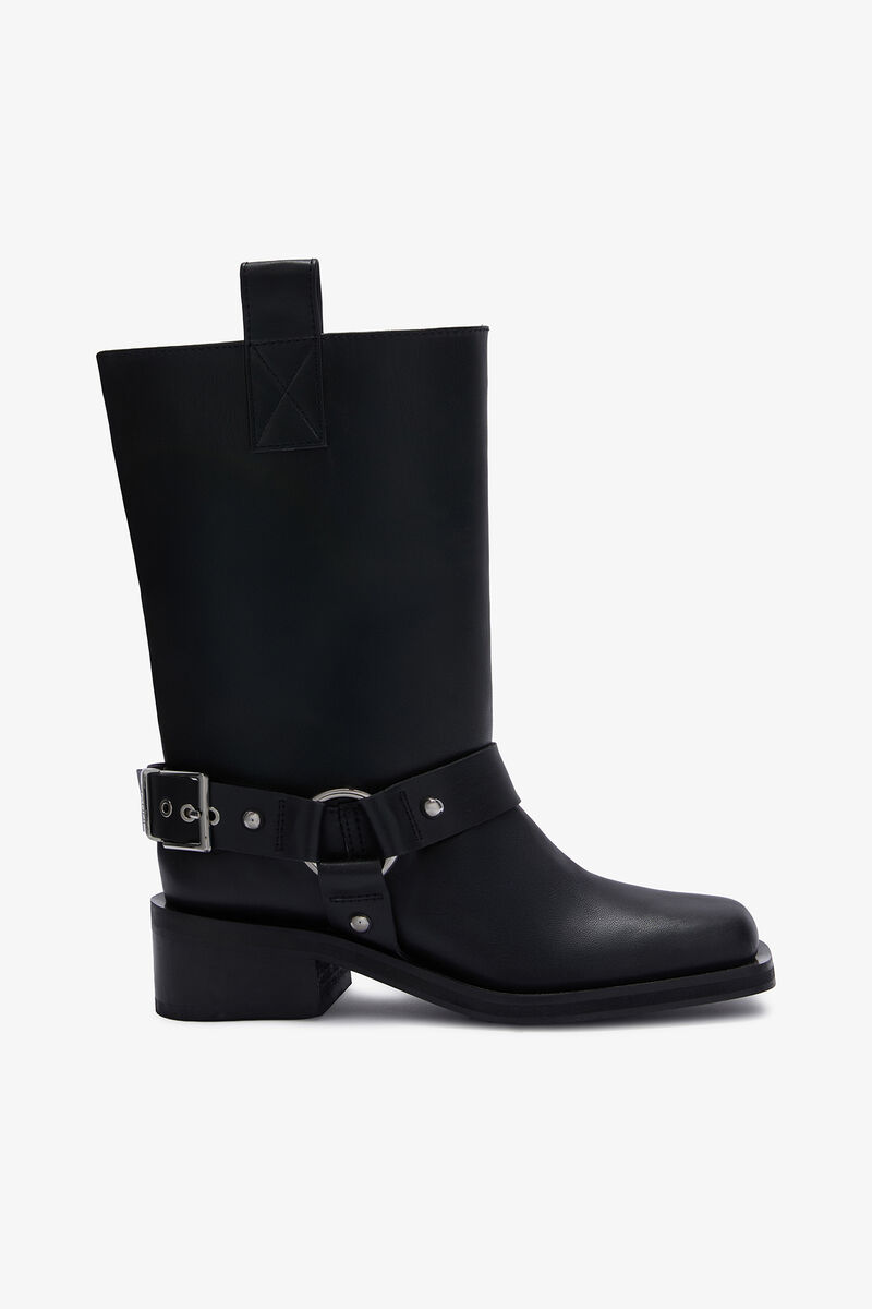 Mid Shaft Biker Boot in Black, Recycled Leather, in colour Black - 1 - GANNI