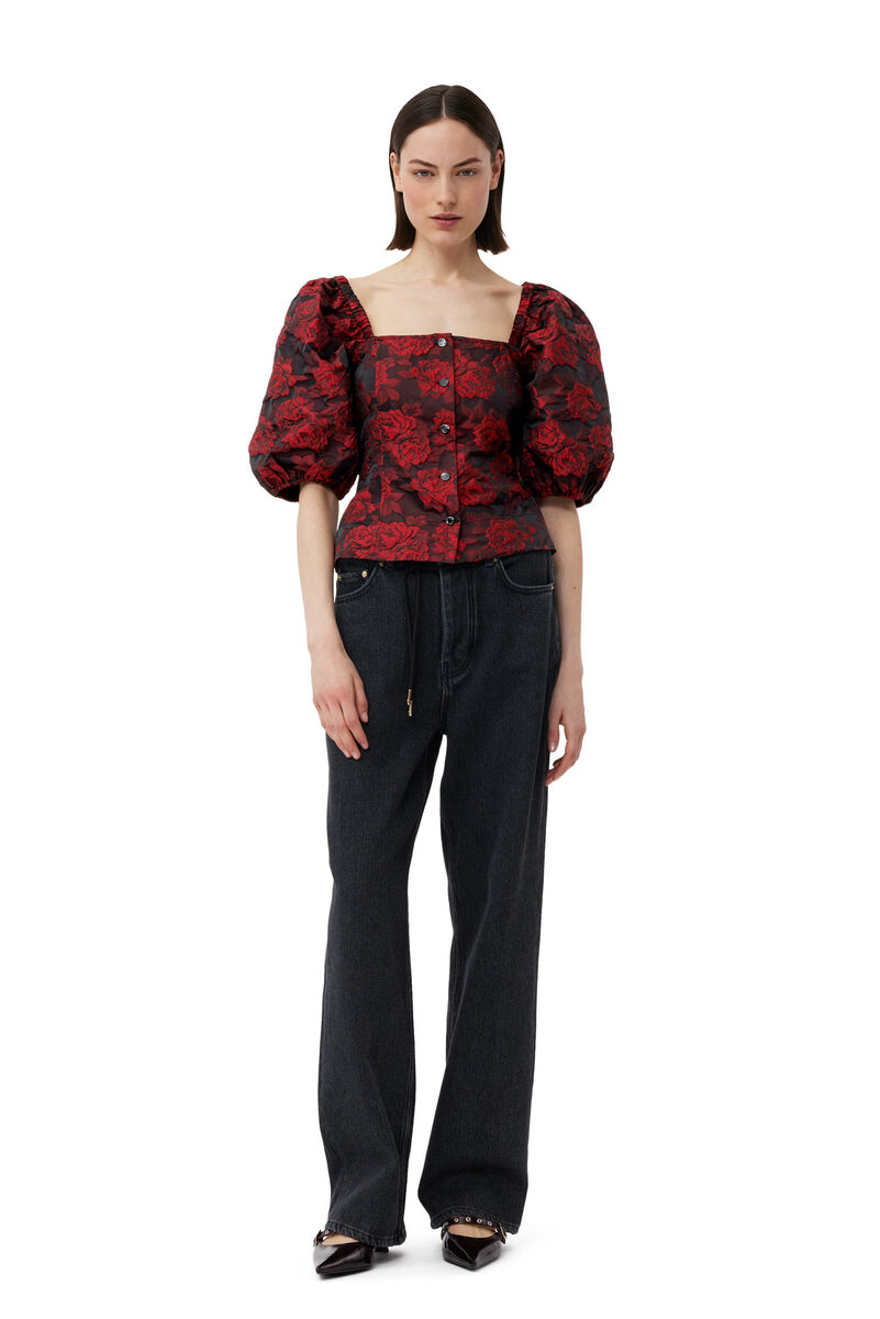 Red Botanical Jacquard Fitted Blouse, Polyamide, in colour High Risk Red - 2 - GANNI