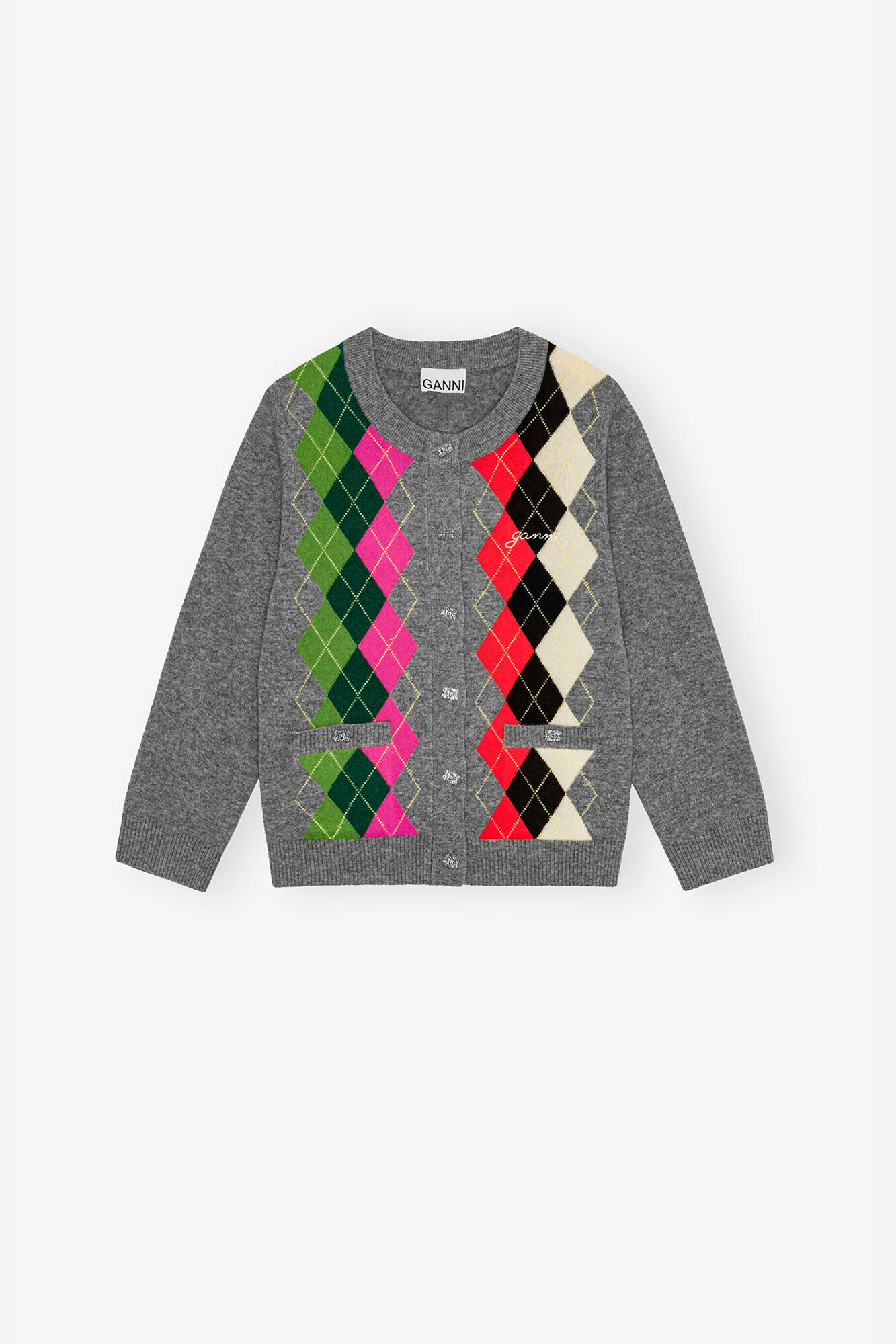 Grey Check Cardigan, Merino Wool, in colour Paloma Melange - 1 - GANNI