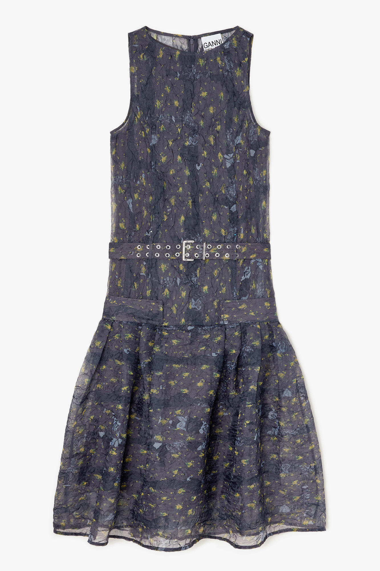 Dress in Shibori Organza, Recycled Polyester, in colour Black Sand - 1 - GANNI