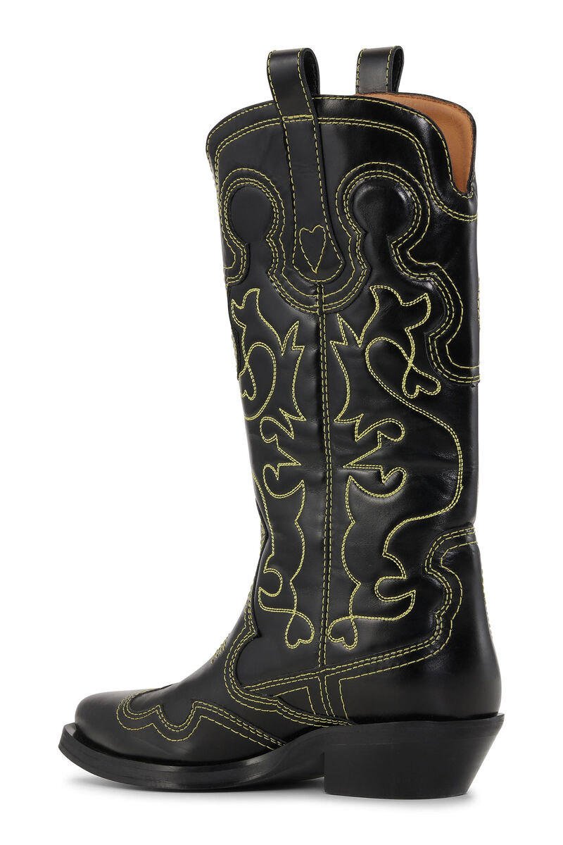 Mid Shaft Embroidered Western Boots, Calf Leather, in colour Black/Yellow - 2 - GANNI