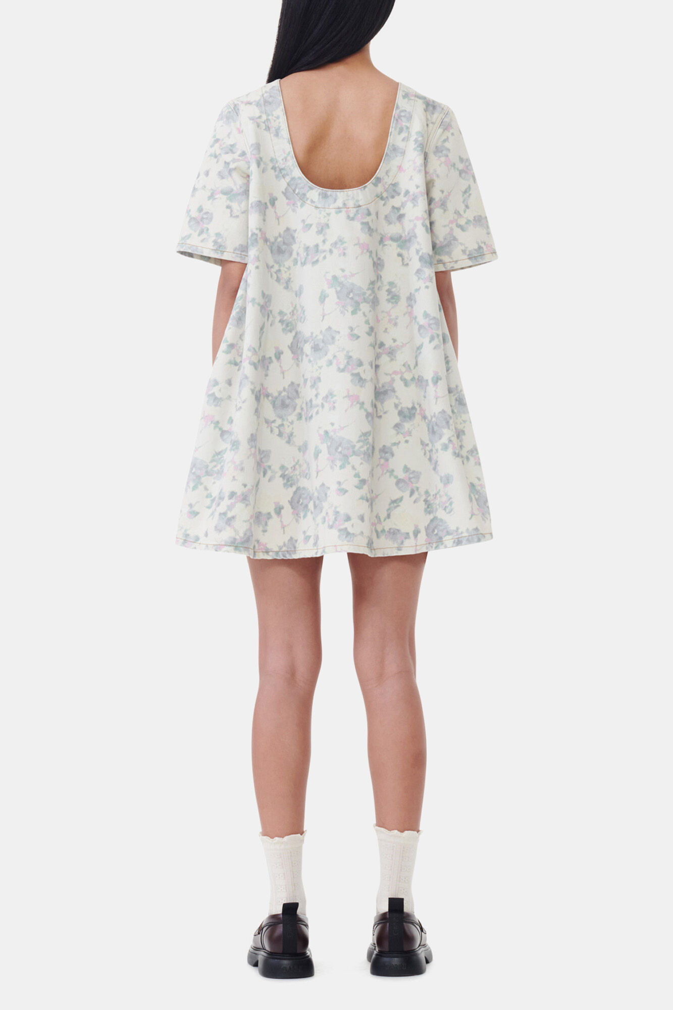 Floral Printed Denim Open Back Mini Dress, Organic Cotton, in colour Tofu - 4 - GANNI