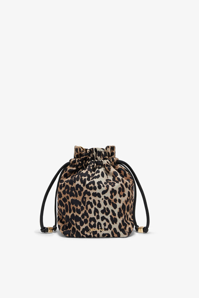 Printed Bou Bucket Pouch in Leopard, Almond Milk