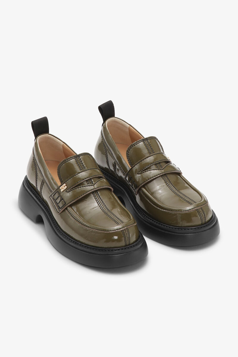 Olivgröna Naplack Loafers, Polyurethane, in colour Military Olive - 2 - GANNI