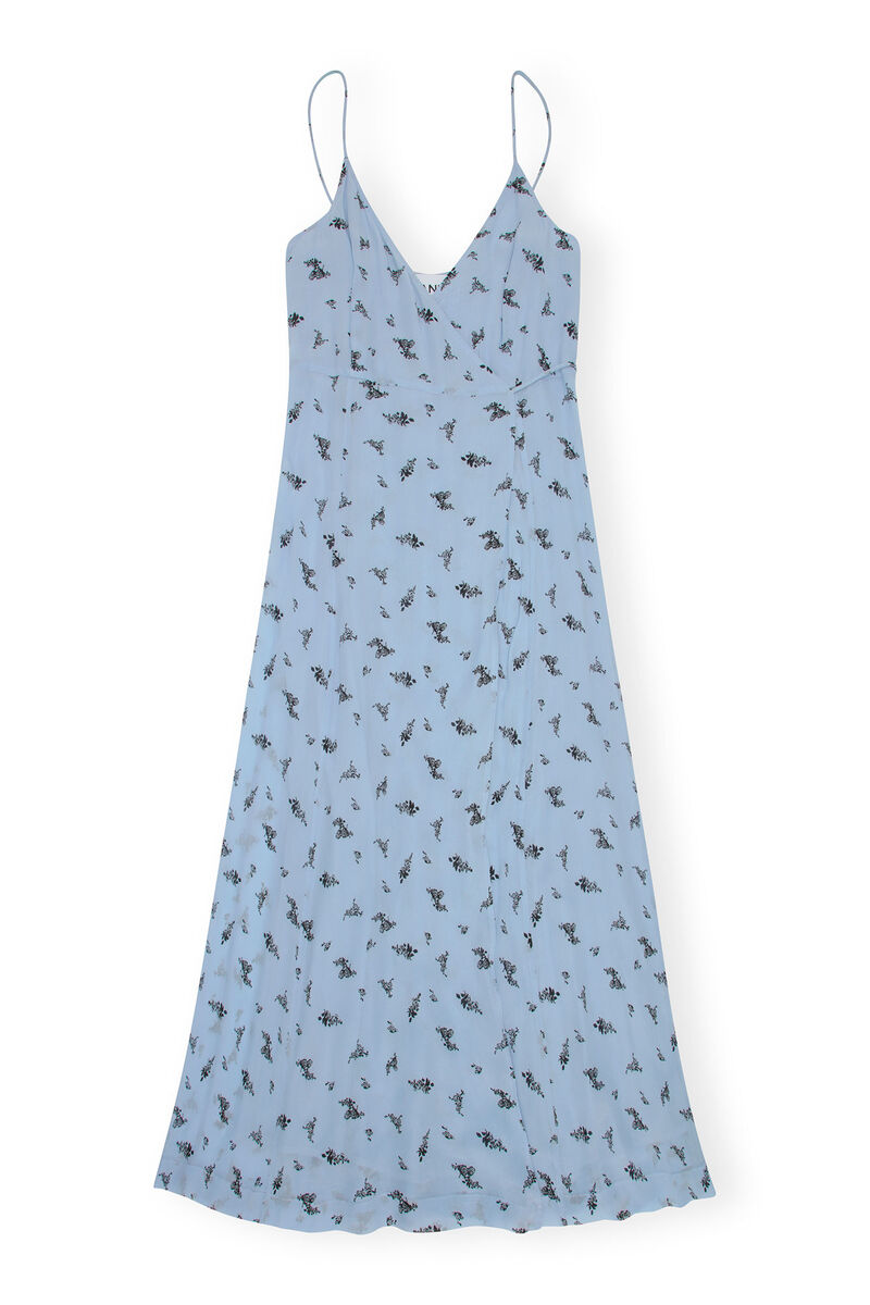 Printed Georgette Strap Wrap Dress, Viscose, in colour Brunnera Blue - 1 - GANNI