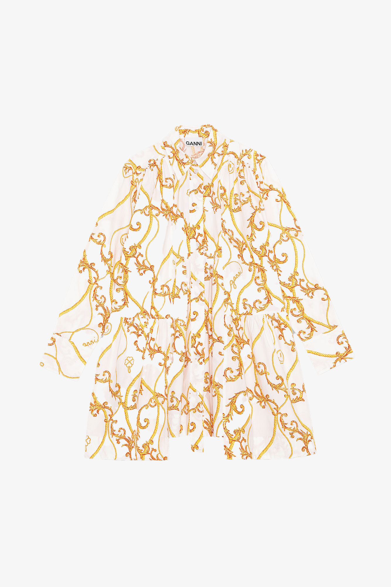 Printed Cotton Poplin Gathered Panel Wide Mini Shirt Dress, Cotton, in colour Egret - 1 - GANNI