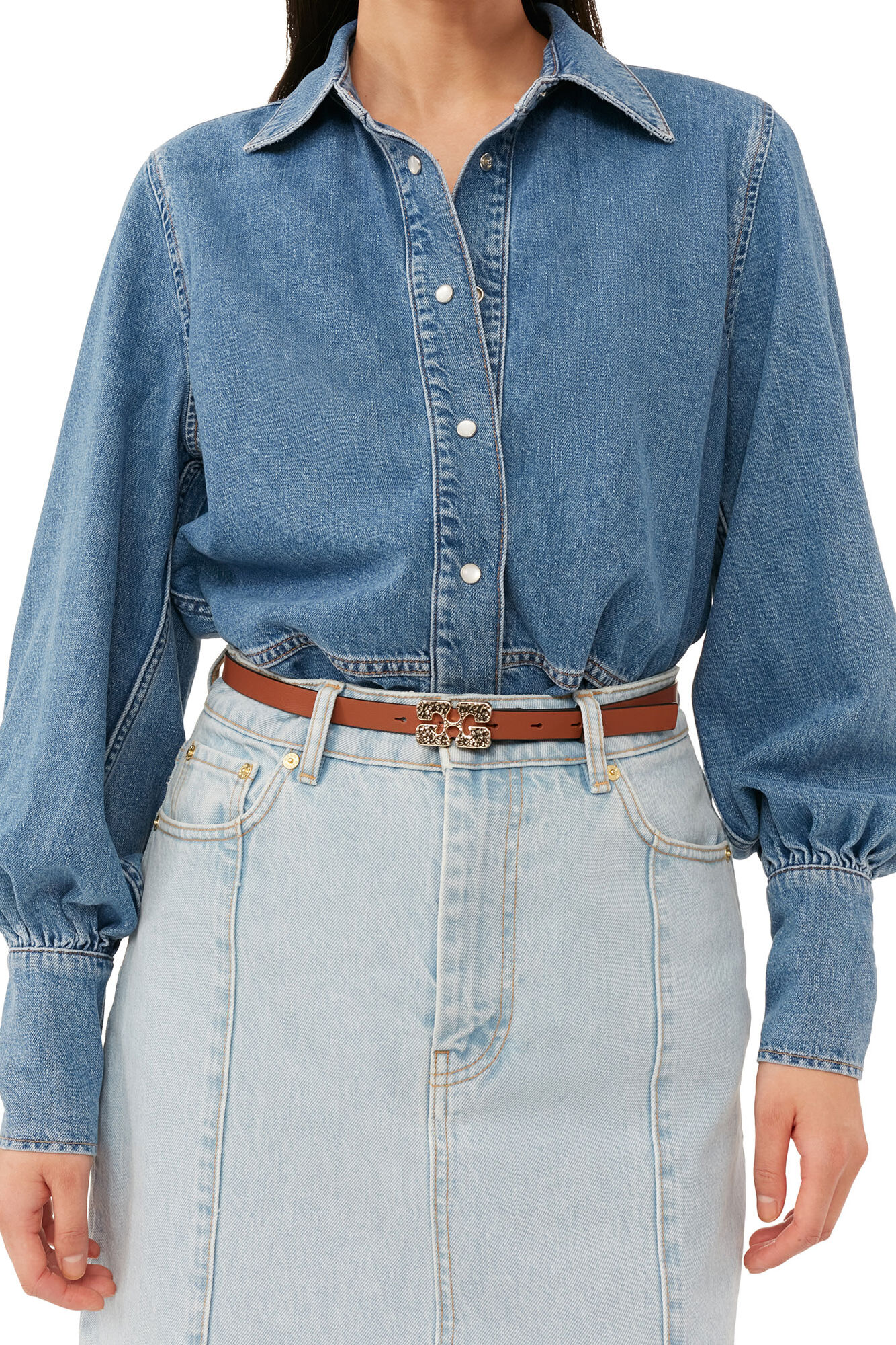 Bleach Denim Peplum Midi Skirt, Cotton, in colour Light Blue Stone - 4 - GANNI