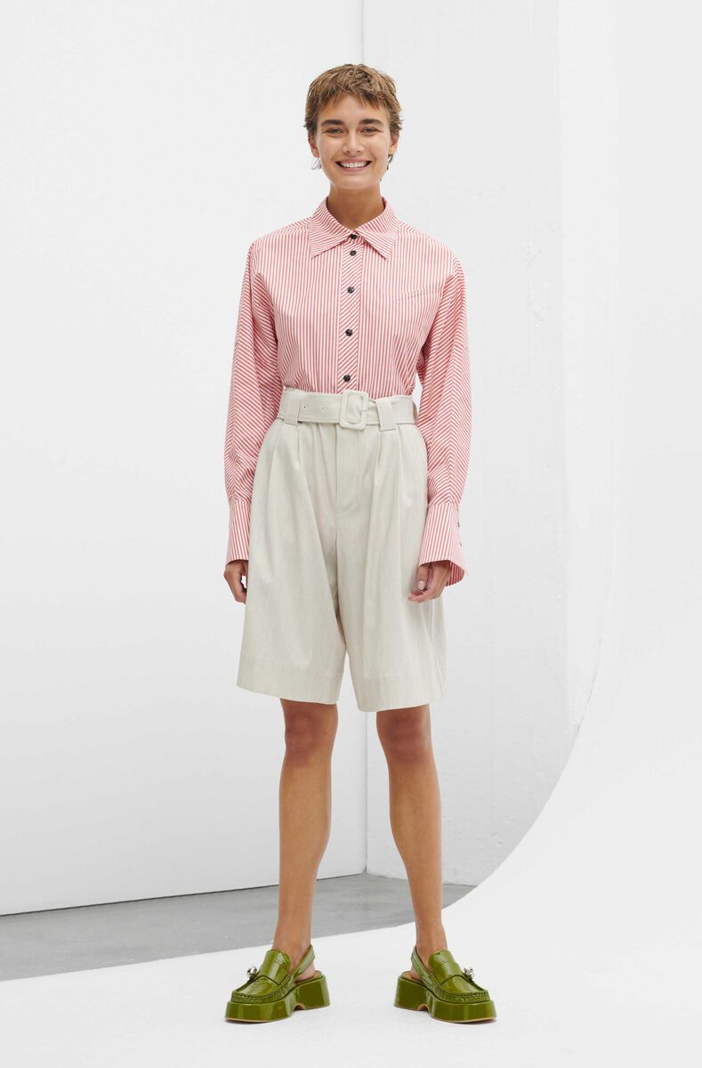 Striped Belted Shirt, Cotton, in colour Thin Stripe Orangedotcom - 2 - GANNI