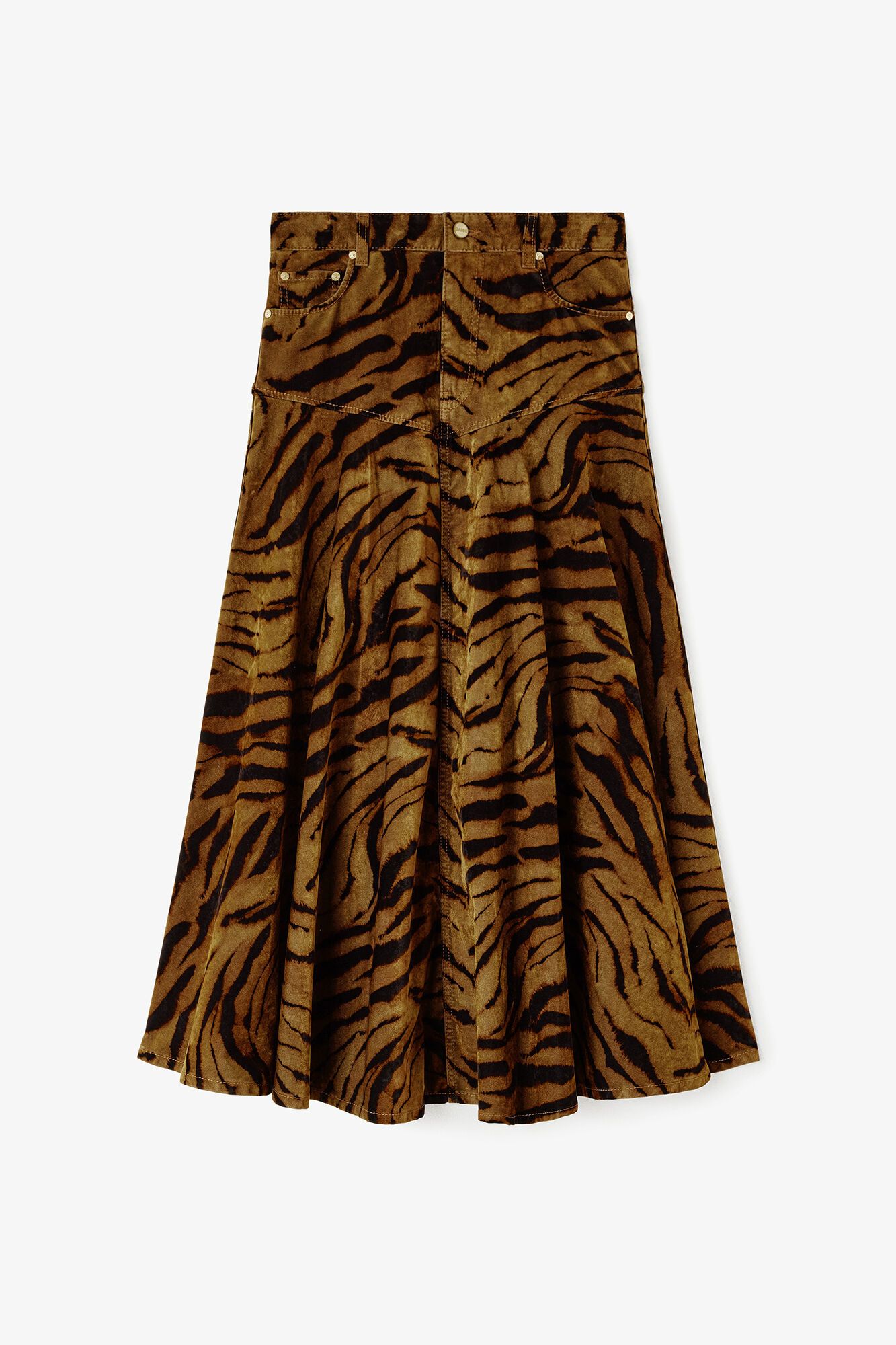 Tiger Print Denim Skirt, Recycled Cotton, in colour Khaki - 1 - GANNI