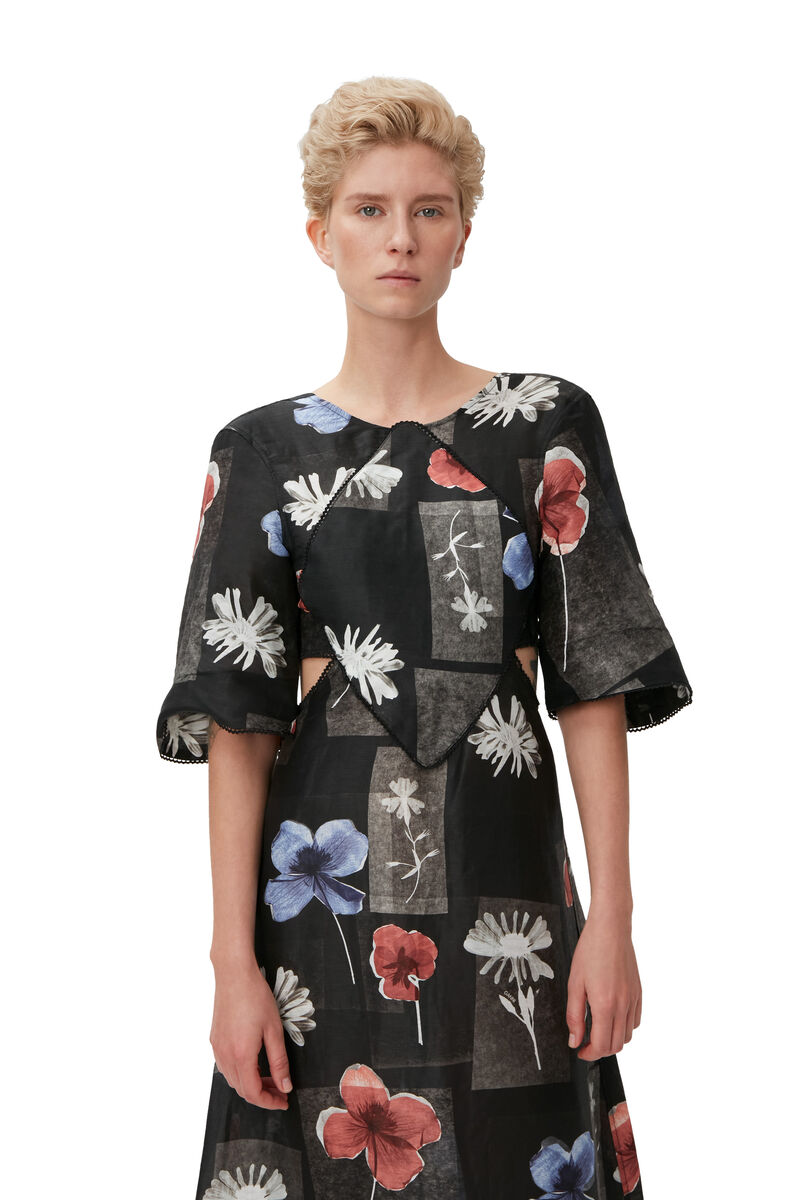 Maxi Dress, Linen, in colour Flowers Black - 3 - GANNI