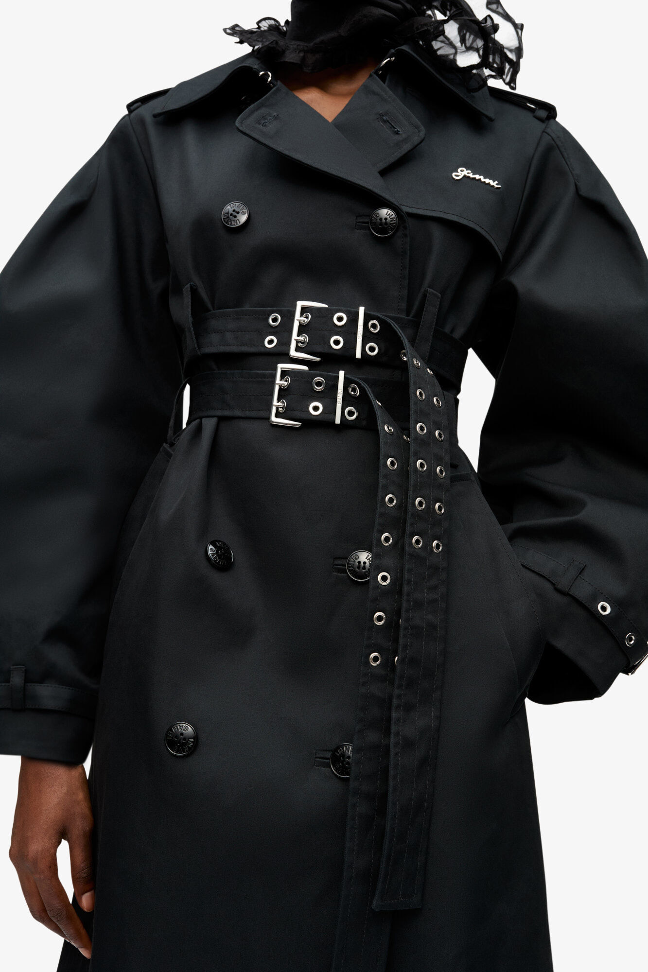 Black Bonded Cotton Trench Coat, Organic Cotton, in colour Black - 3 - GANNI