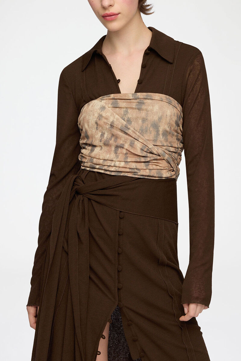 Bandeau Top in Printed Marl Mesh, Recycled Polyester, in colour Burro - 2 - GANNI