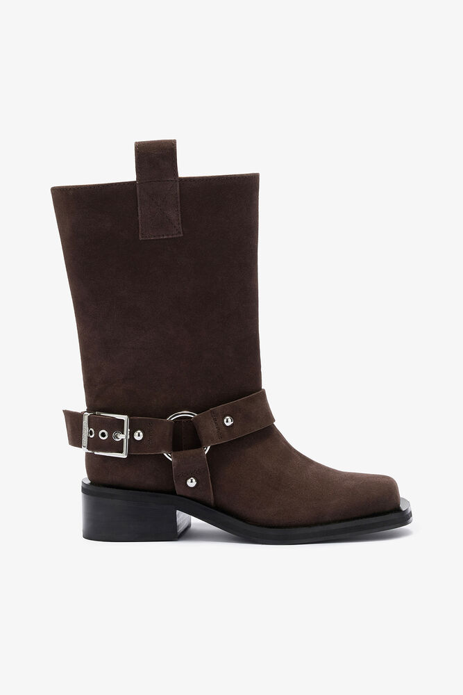 Mid Shaft Biker Boot in Brown Suede, Chicory Coffee