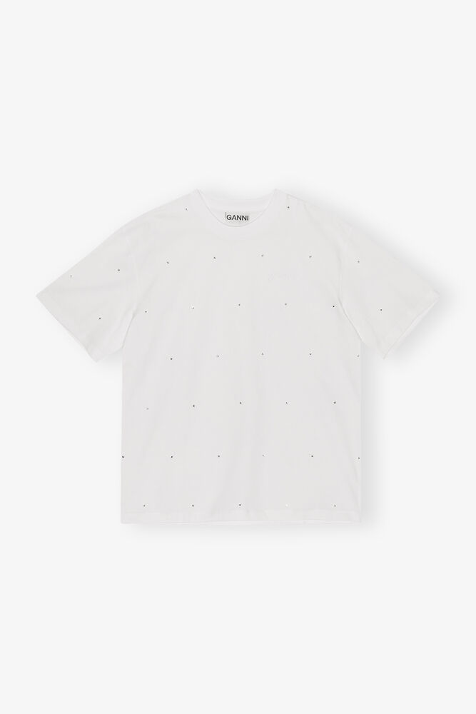 White Heavy Cotton Drop Shoulder Rhinestone T-shirt, Bright White