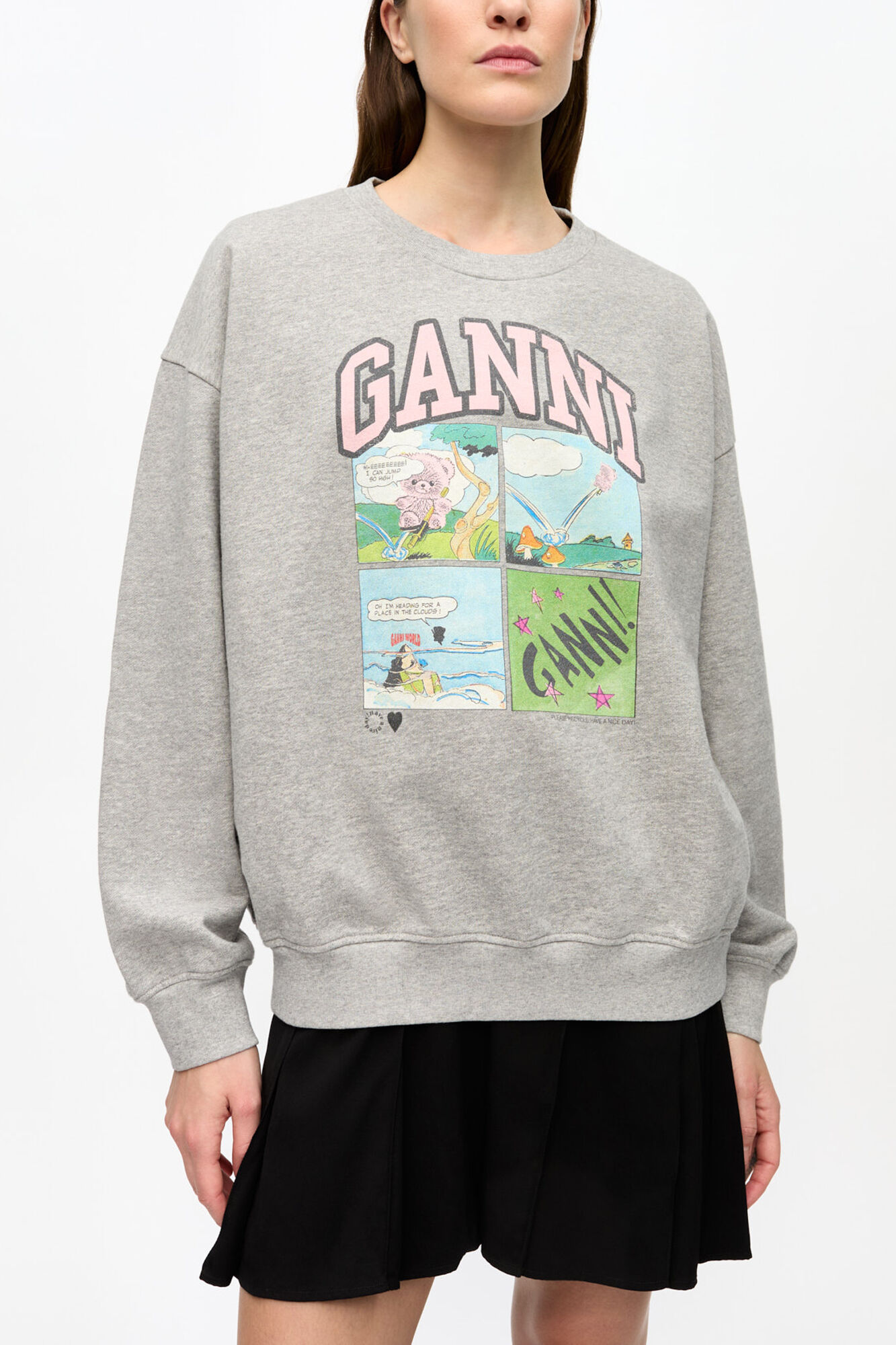 Grey Isoli Oversized Graphic Sweatshirt, Organic Cotton, in colour Paloma Melange - 1 - GANNI