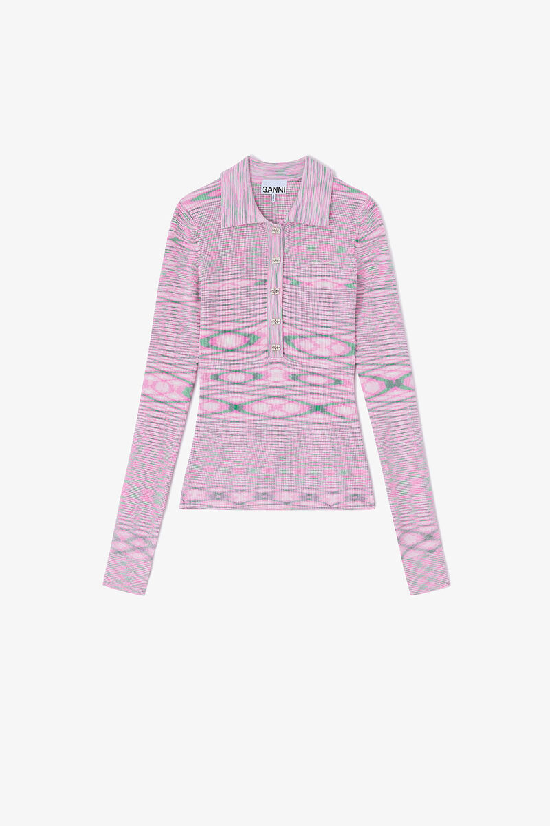 Polo Shirt in Spacedyed Knit, Recycled Polyamide, in colour Chalk Pink - 1 - GANNI