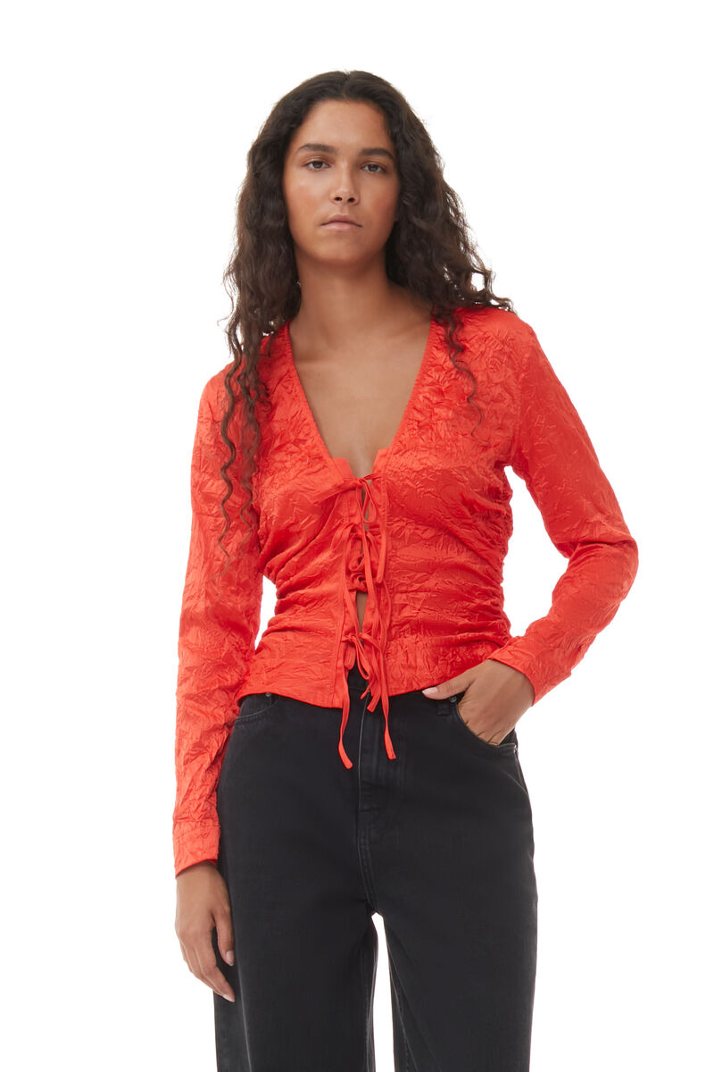 Red Crinkled Satin V-neck Shirt, Elastane, in colour Grenadine - 1 - GANNI