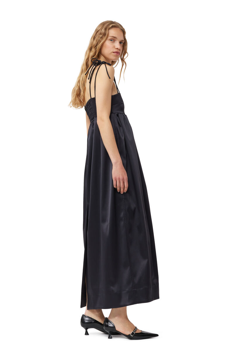 Black Double Satin String Long-kjole, Elastane, in colour Black - 3 - GANNI