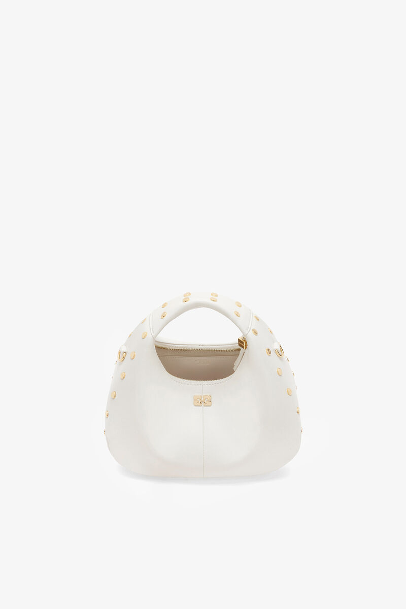 Mini Hobo Bag Studs in White, Recycled Leather, in colour Egret - 3 - GANNI