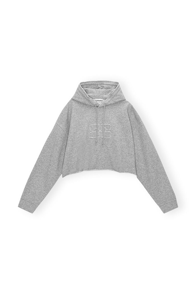 Grey Oversized Isoli Cropped Hoodie, Cotton, in colour Paloma Melange - 1 - GANNI