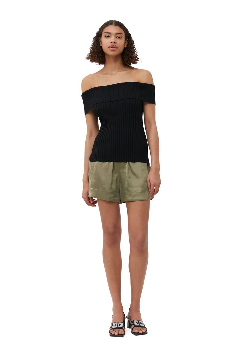 Melange Knit Off Shoulder Top, Elastane, in colour Black - 1 - GANNI