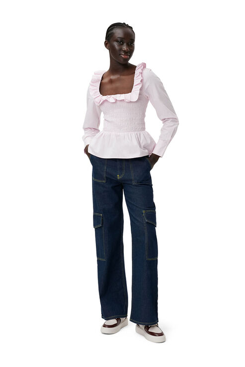 Ganni Light Pink Open-neck Blouse With Ruffles In Cotton