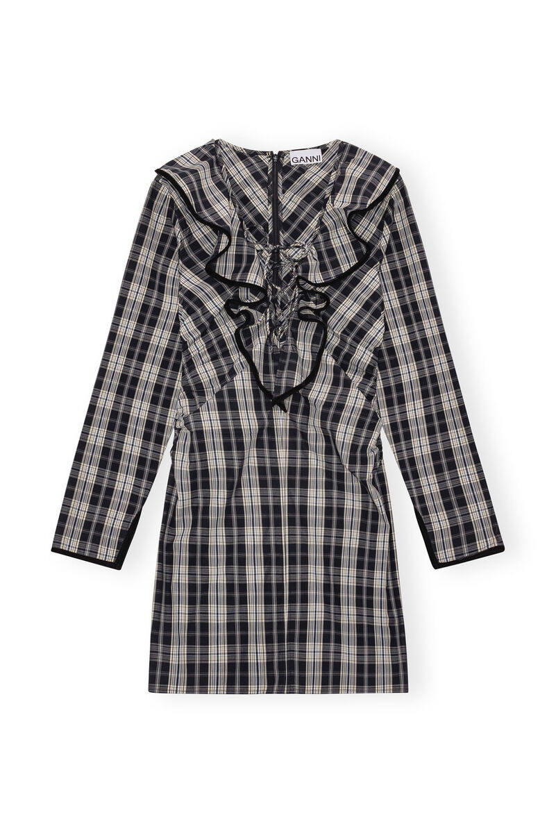 Checkered Cotton Ruffle V-neck Mini Dress, Cotton, in colour Black - 1 - GANNI