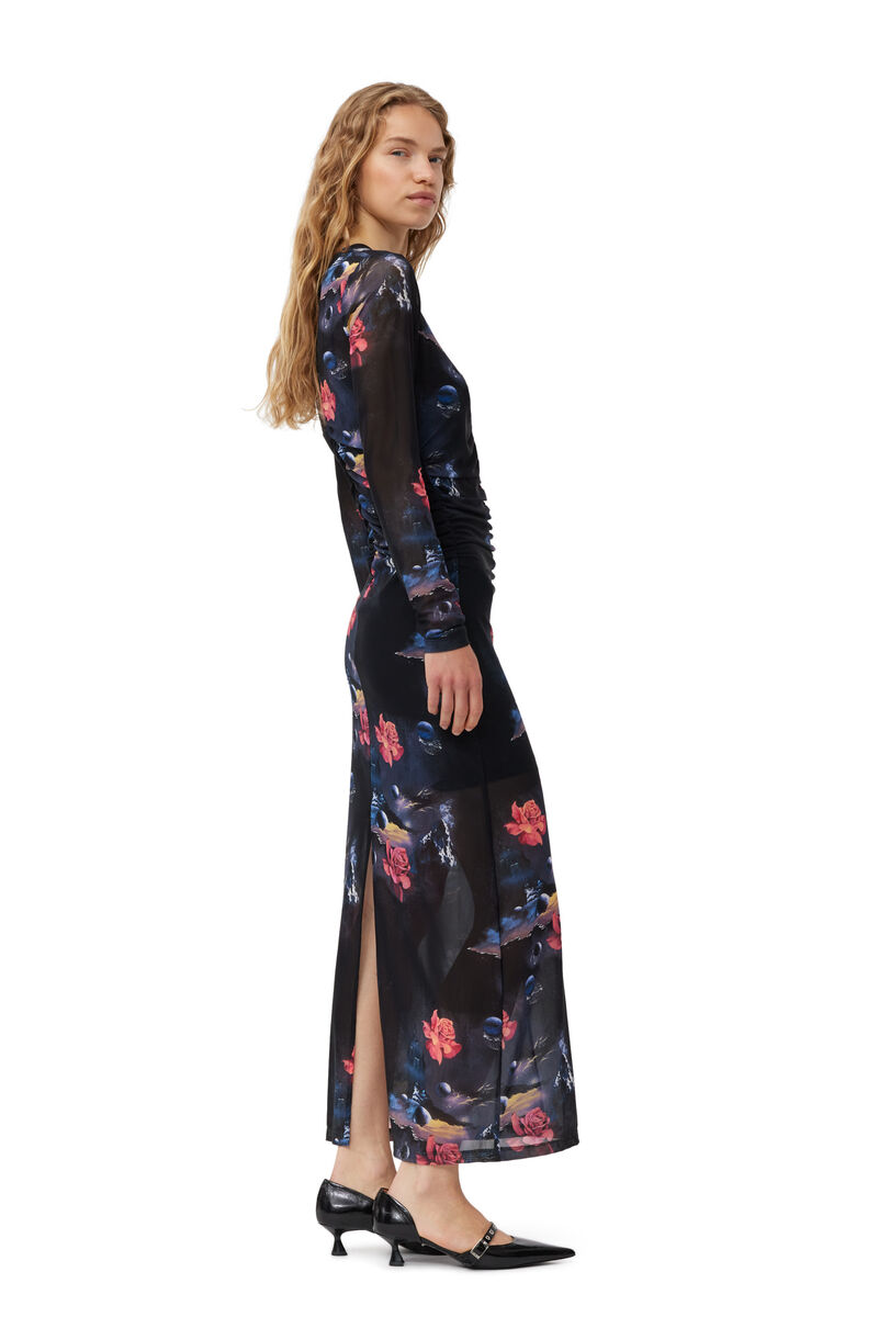 Printed Mesh O-neck Ruched Long Dress, Recycled Nylon, in colour Black - 3 - GANNI
